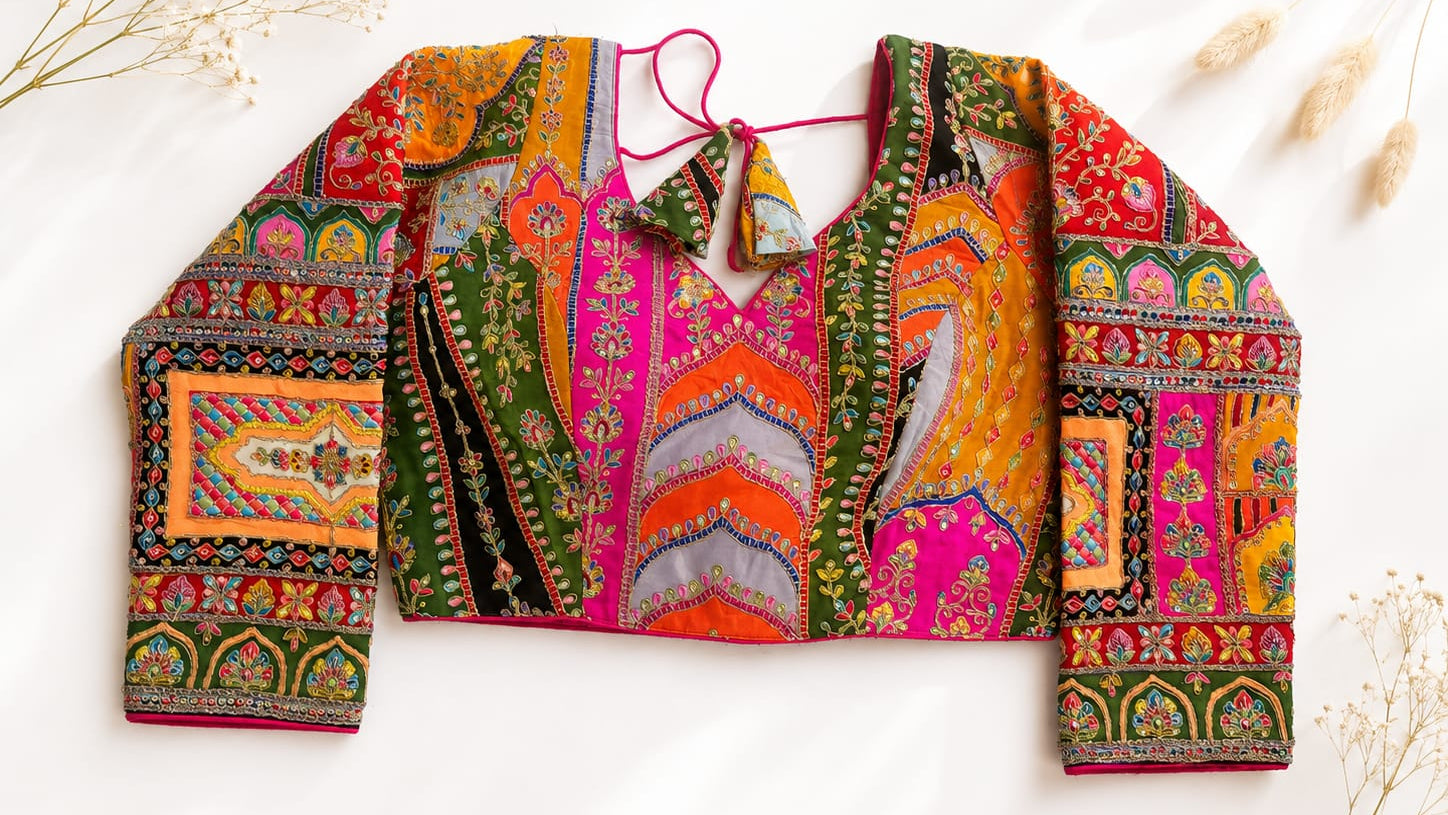 Jaipur Style Embroidered Blouse | Heavy Zari Threadwork Geometric Folk Art