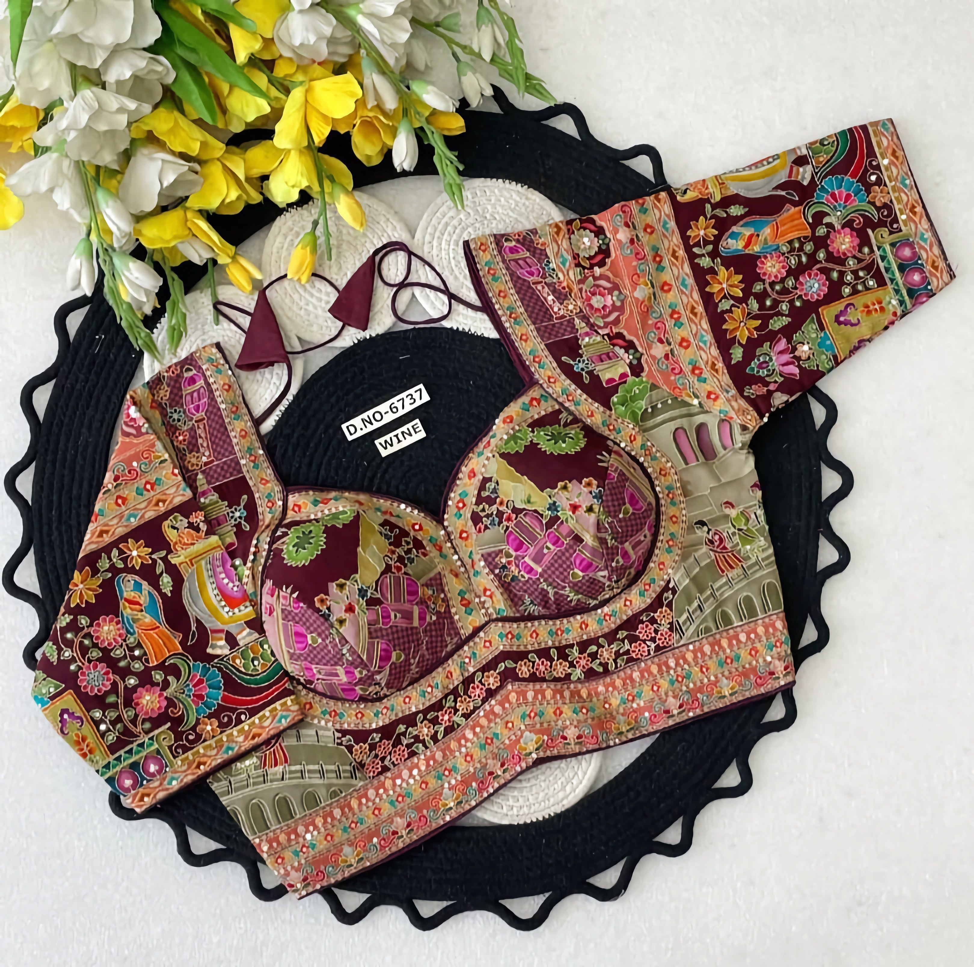Rajasthani Pichwai Narrative Art Saree Blouse | Royal Elephant Mughal Folk Print Bustier Readymade Blouse