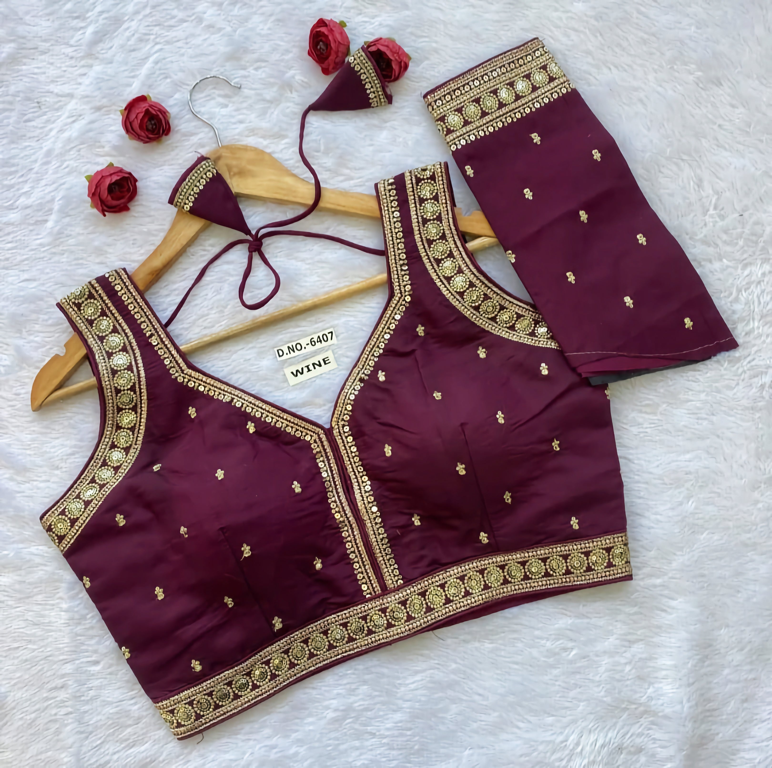 Slub Silk Saree Blouse | Gold Sequin Circular Medallion Border & Buti Work