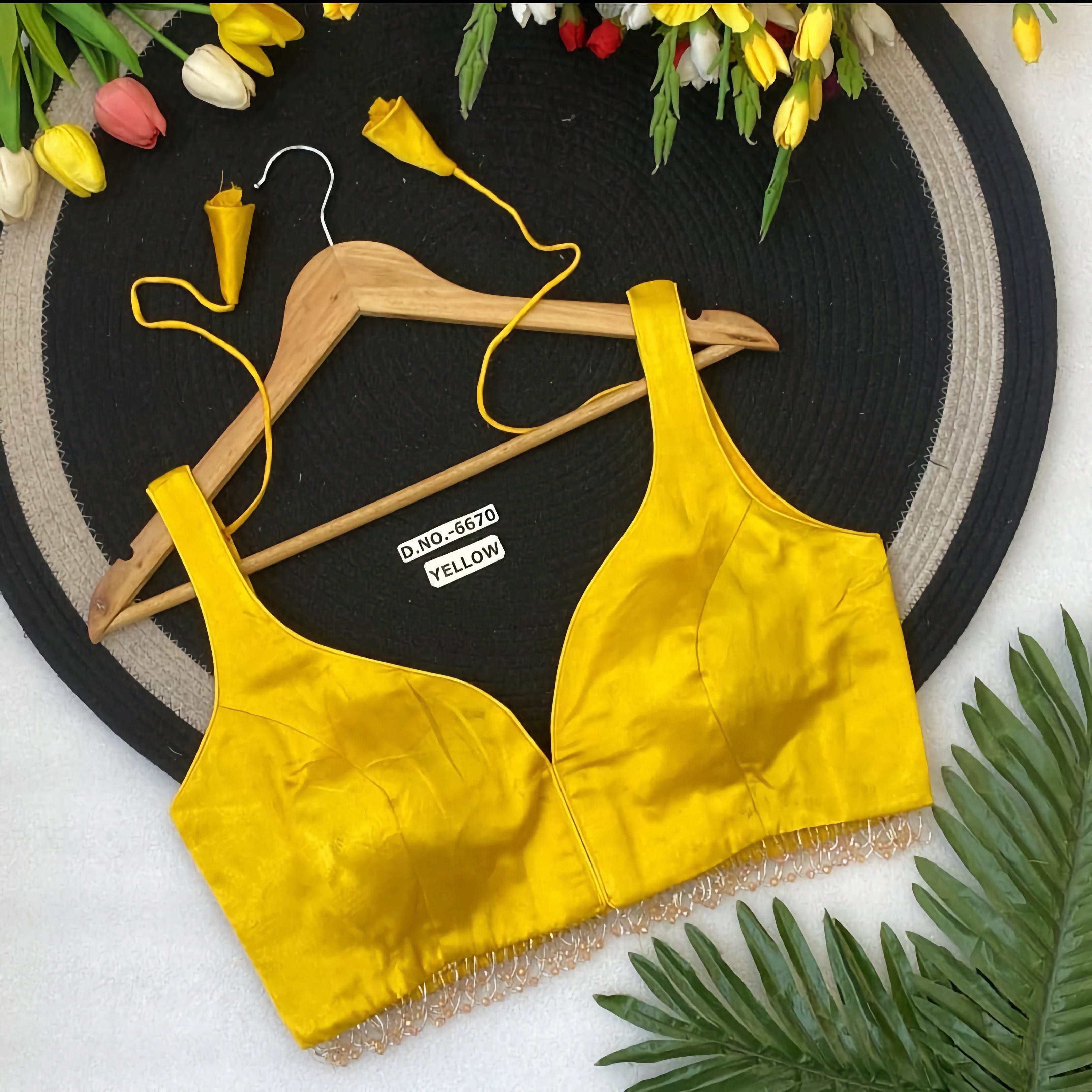 Gaji Silk Plain Sleeveless Saree Blouse | Pearl Bead Fringe Hem Readymade Blouse