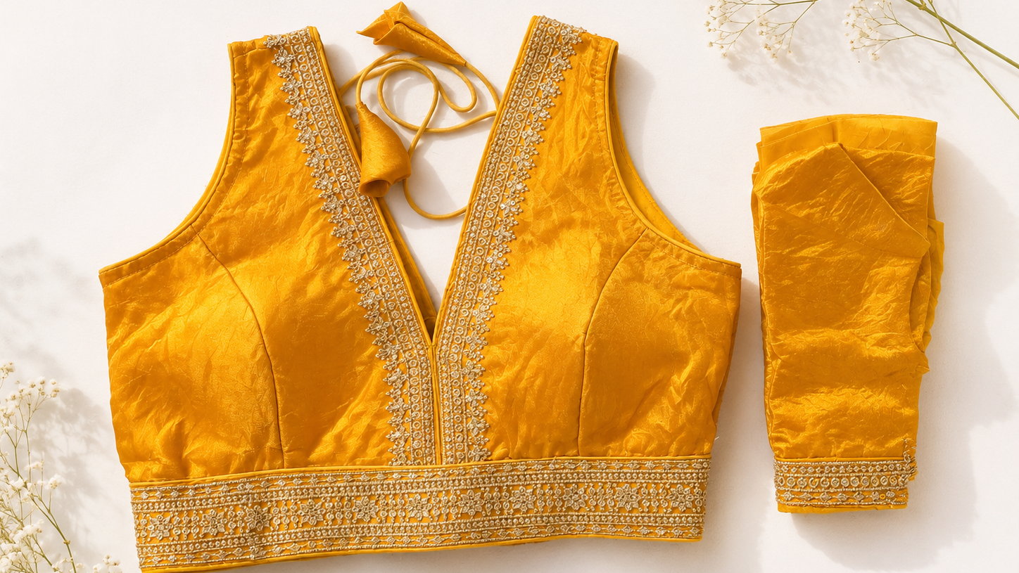 Yellow traditional outfit with intricate embroidery 