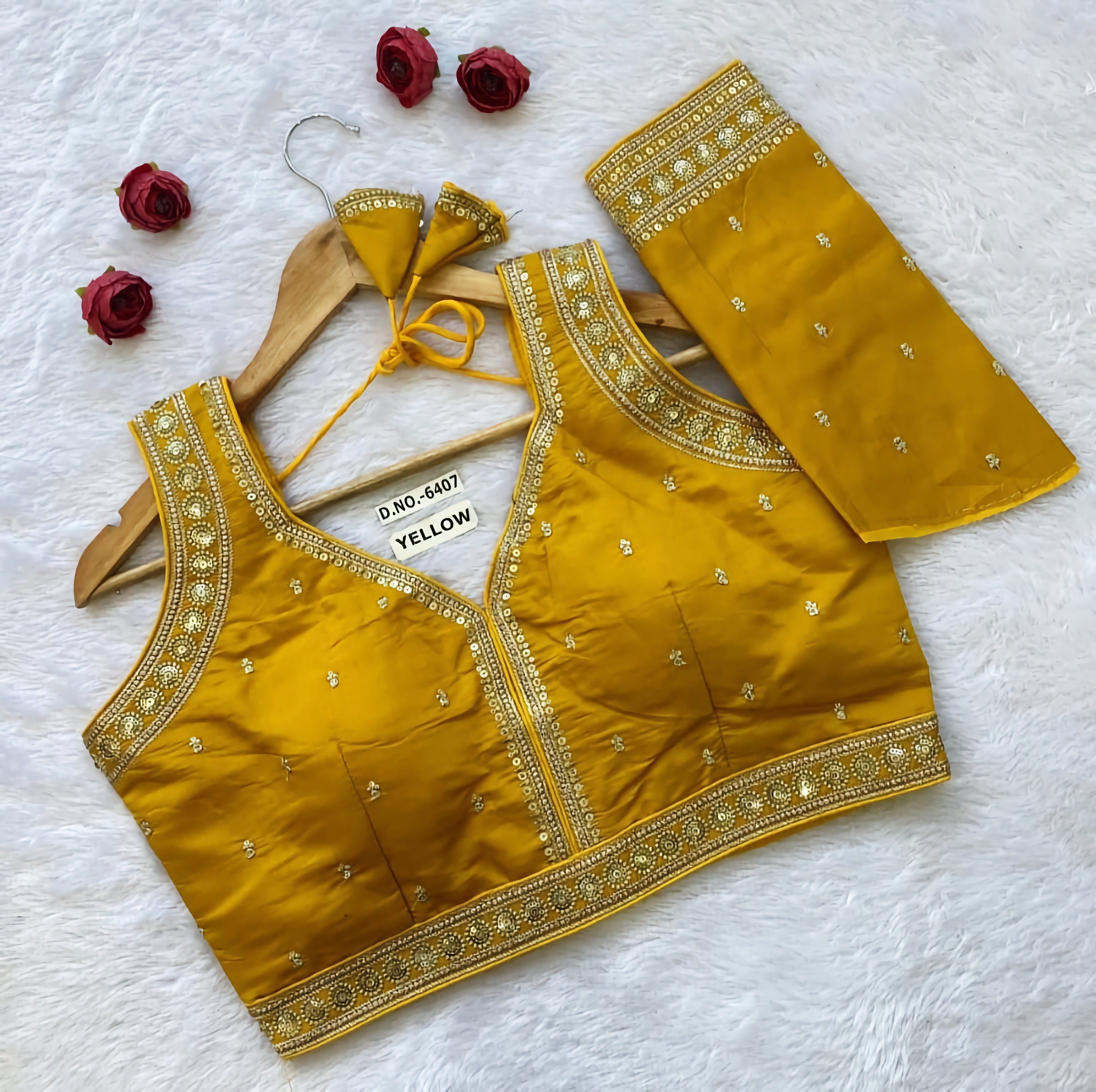Slub Silk Saree Blouse | Gold Sequin Circular Medallion Border & Buti Work